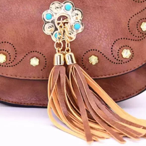 Boho Vintage tooled tassel Concho Bag - Picture 2 of 9